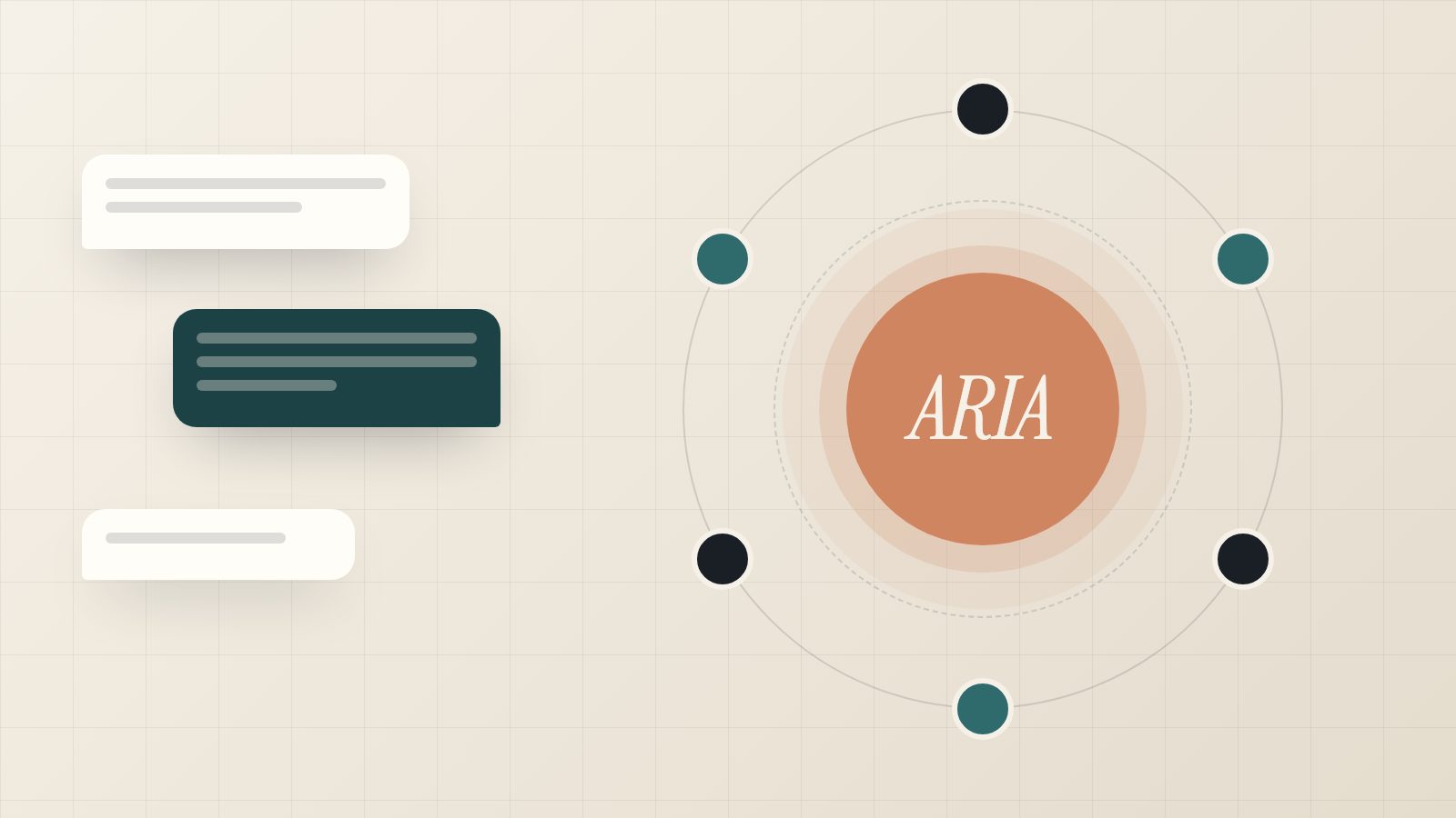 Illustration of the ARIA AI core connected to communication channels and chat messages